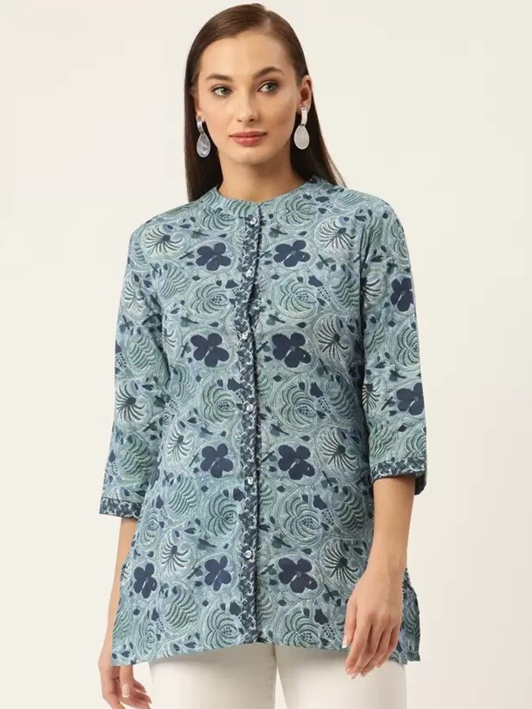 

FABRIC FITOOR Blue & Green Floral Print Mandarin Collar Shirt Style Longline Top