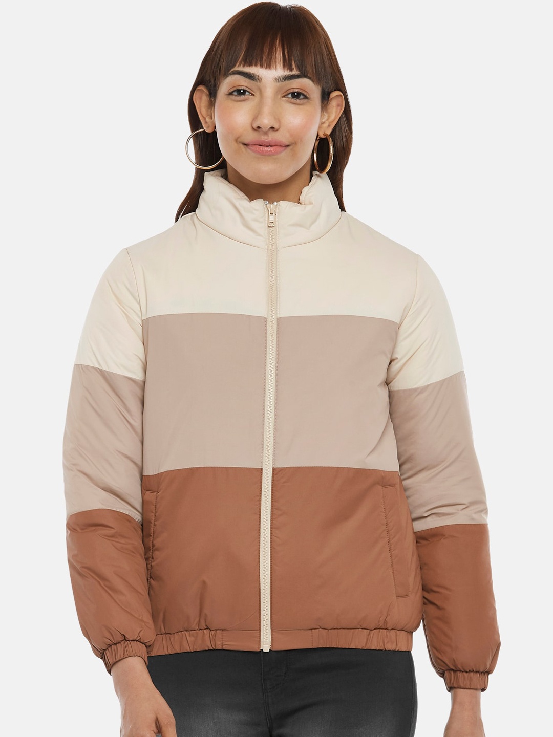 

People Women Off White & Brown Colourblocked Viscose Rayon Padded Jacket