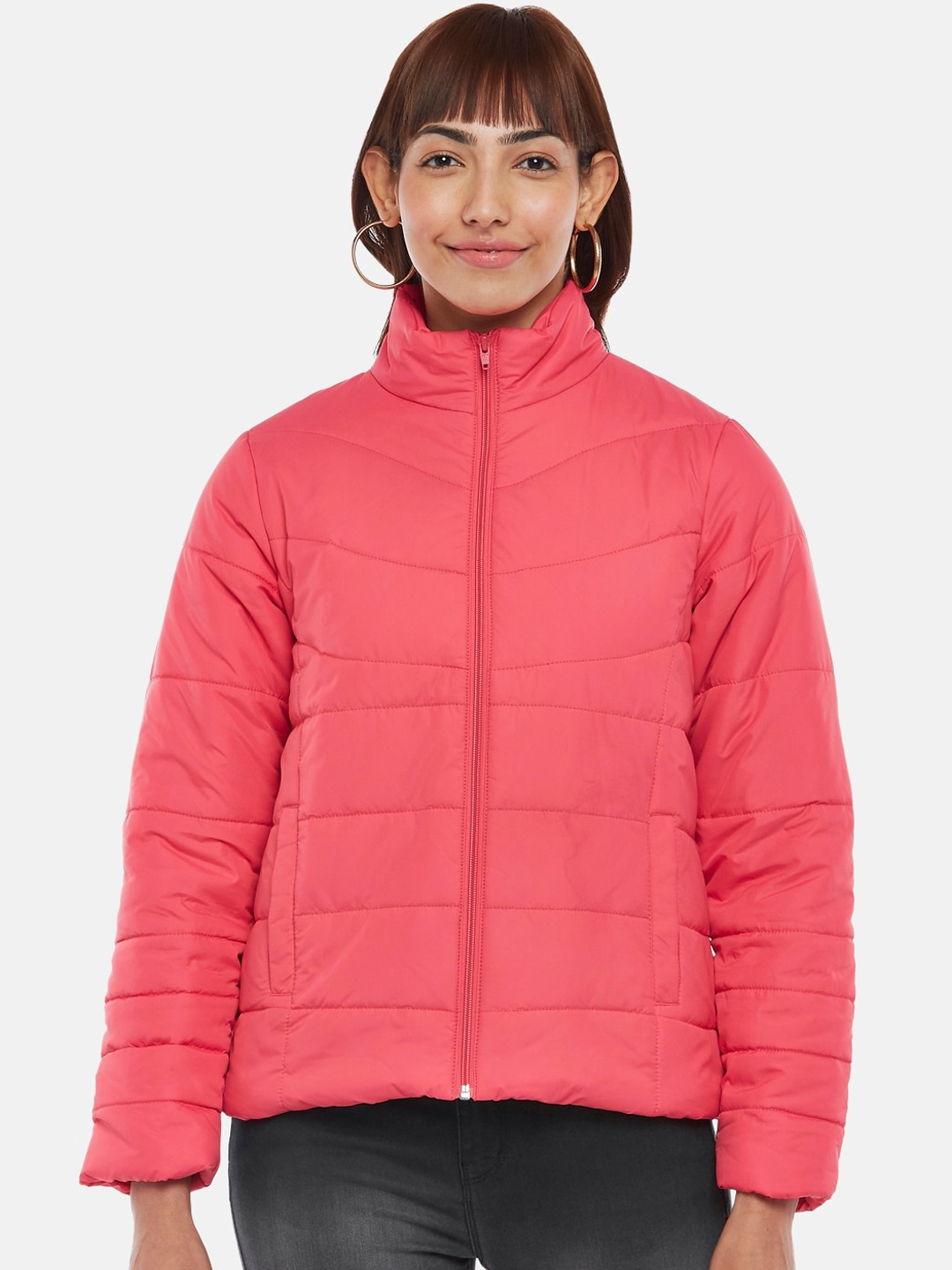 

People Women Coral Solid Viscose Rayon Padded Jacket