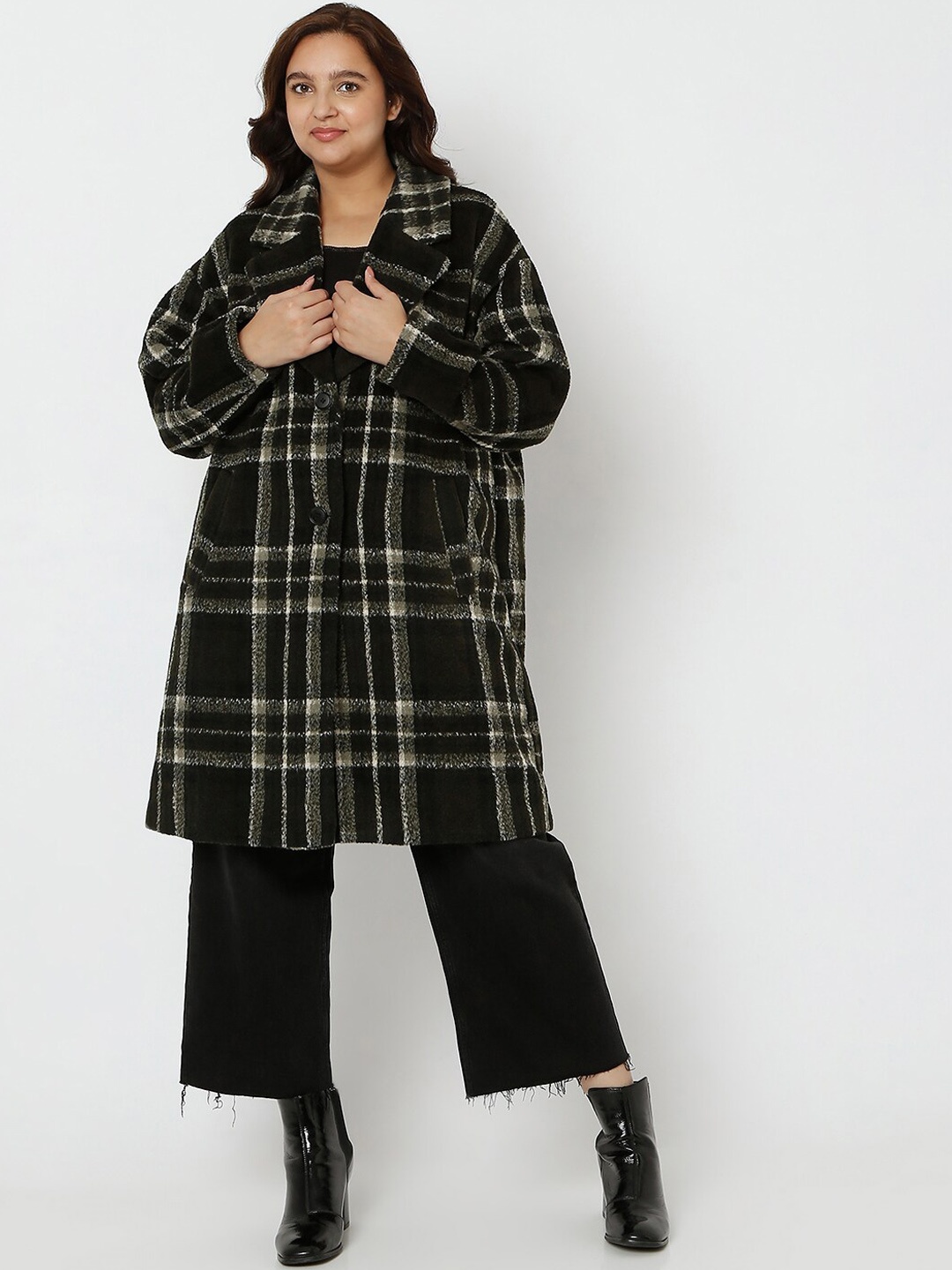 

VERO MODA CURVE Women Black & White Checked Oversized Coat