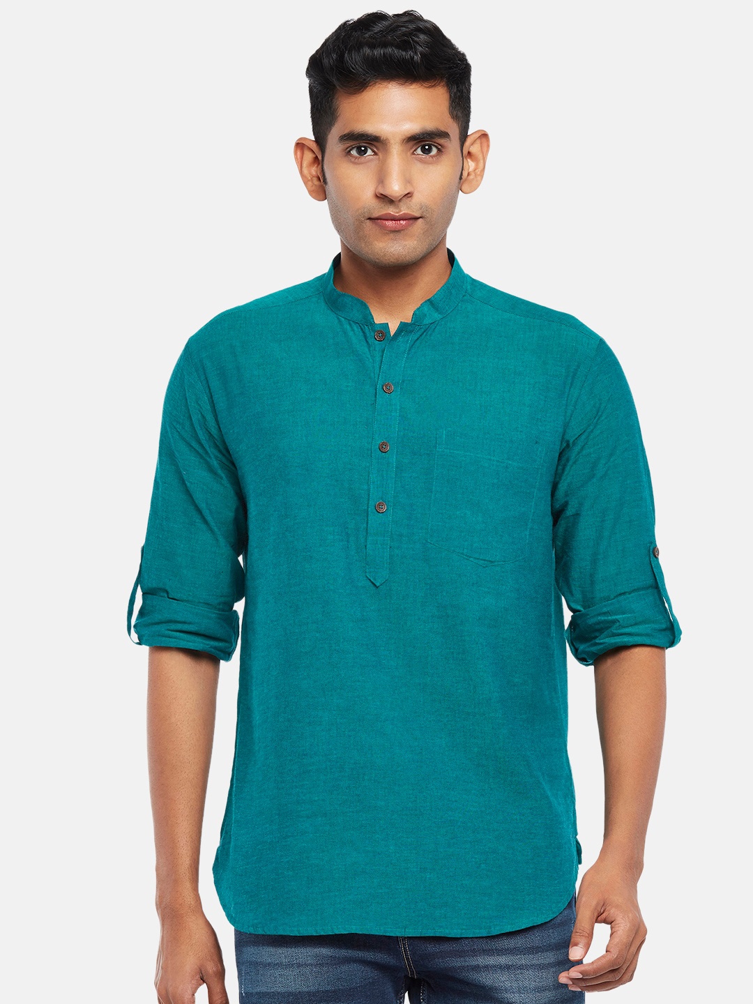 

indus route by Pantaloons Men Teal Solid Mandarin Collar Cotton Kurta