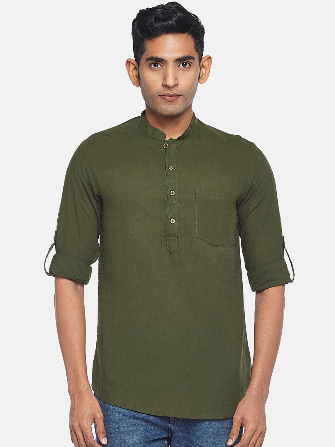 

indus route by Pantaloons Men Olive Green Solid Mandarin Collar Cotton Kurta