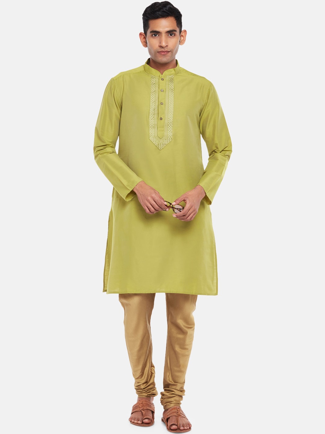 

indus route by Pantaloons Men Lime Green Solid Yoke Design Kurta