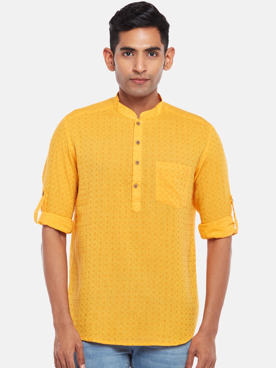 

indus route by Pantaloons Men Mustard Yellow Woven Design Cotton Kurta