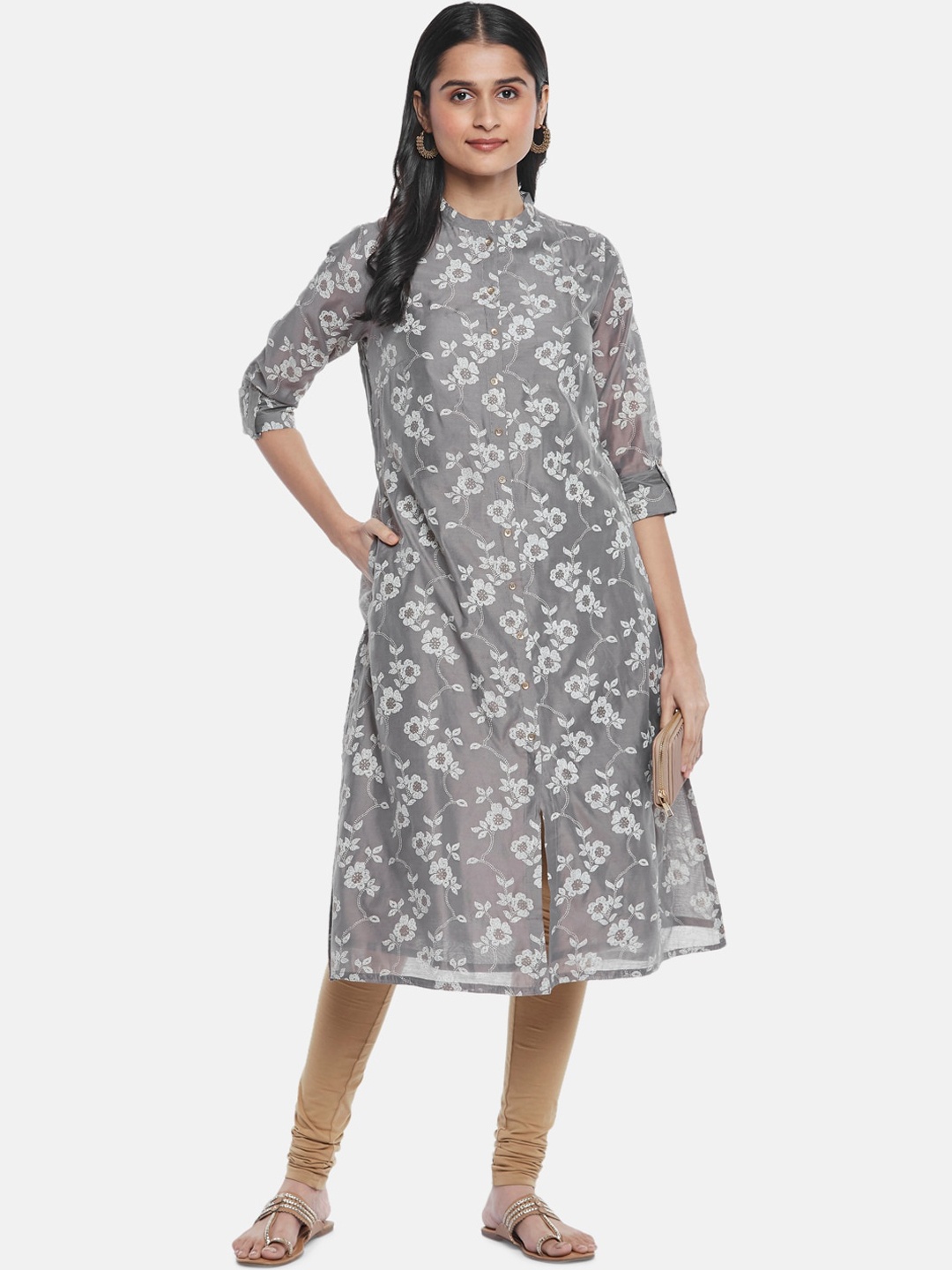 

RANGMANCH BY PANTALOONS Women Charcoal And White Floral Printed Chanderi Silk Kurta