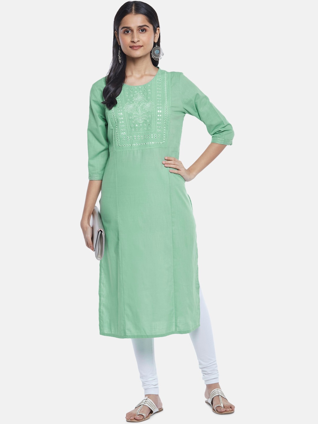 

RANGMANCH BY PANTALOONS Women Green Embroidered Mirror Work Kurta