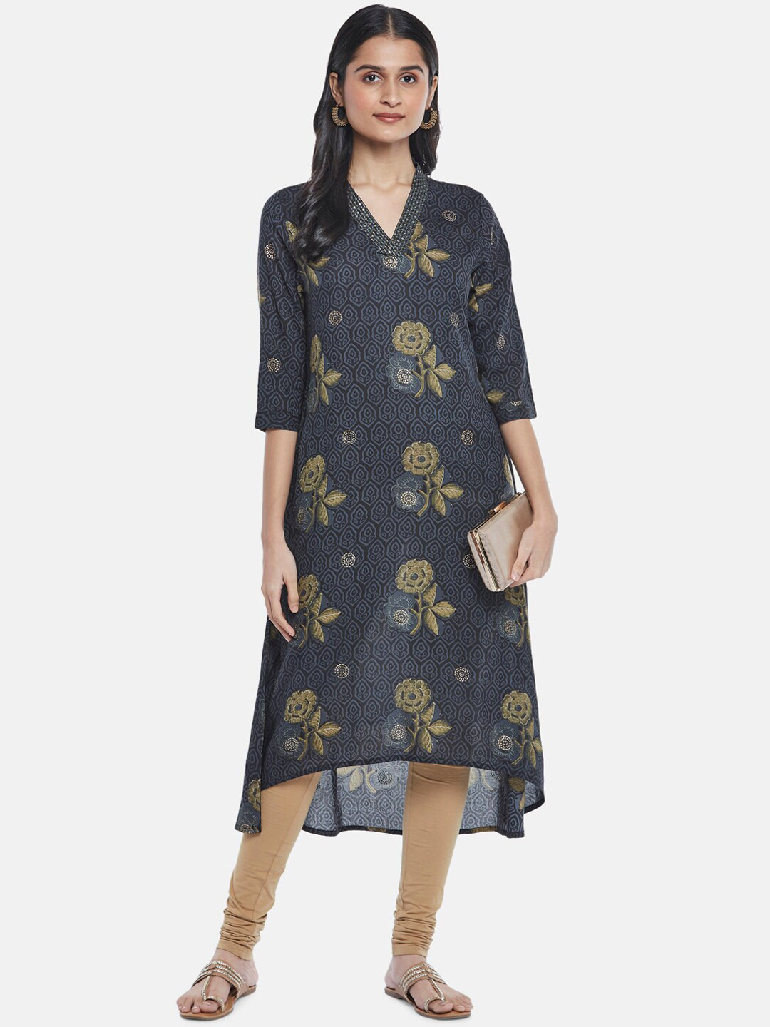 

RANGMANCH BY PANTALOONS Women Blue Floral Print High Low Hem Kurta