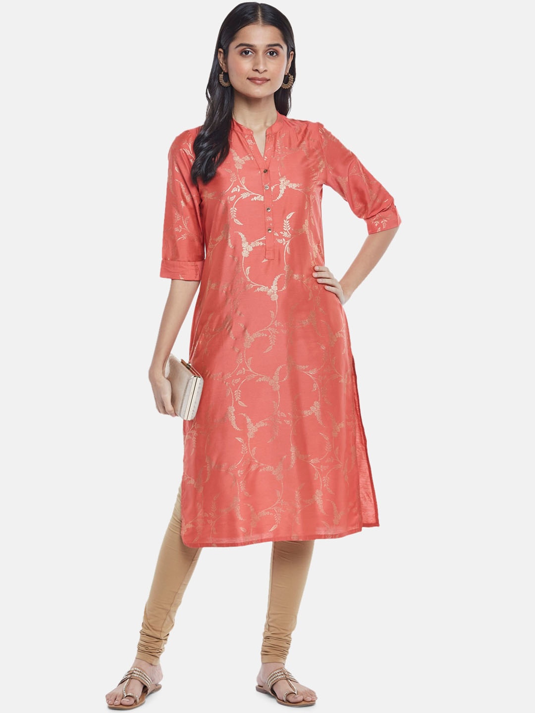 

RANGMANCH BY PANTALOONS Women Coral Floral Woven Design Rolled Up Sleeves Kurta