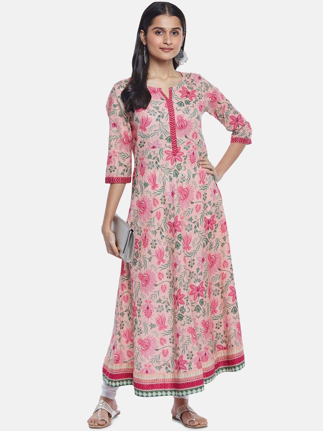 

RANGMANCH BY PANTALOONS Women Pink And Red Floral Printed Cotton Anarkali Kurta