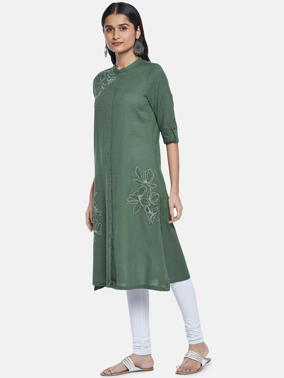 

RANGMANCH BY PANTALOONS Women Green Floral Embroidered Cotton Kurta
