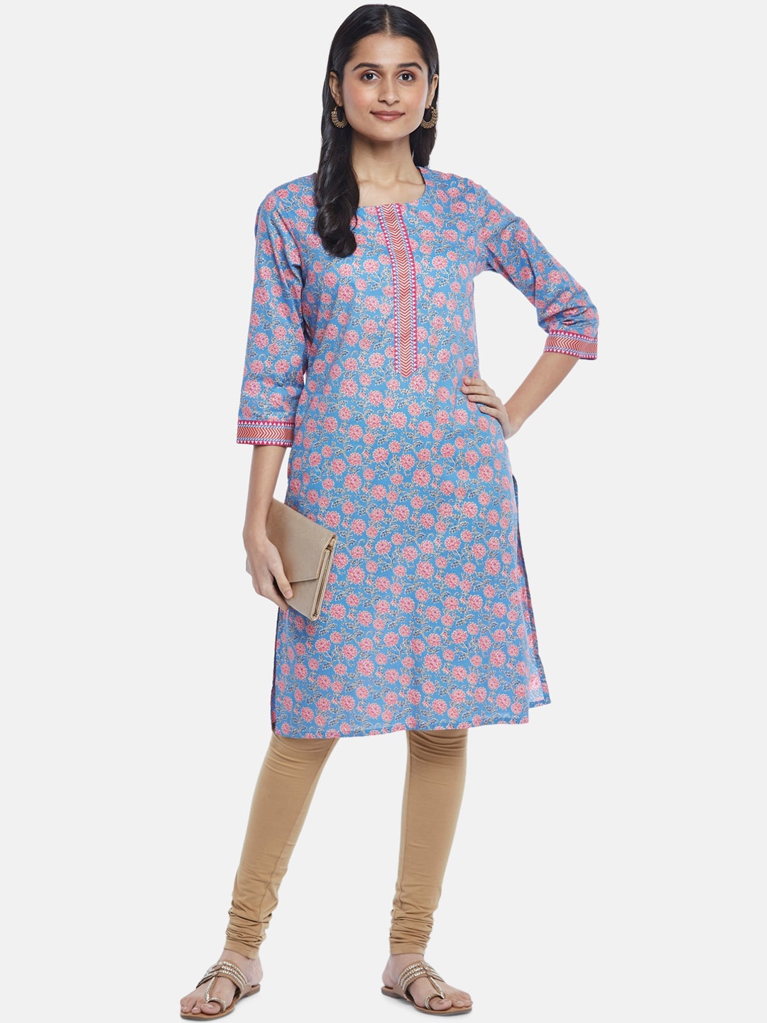

RANGMANCH BY PANTALOONS Women Blue And Pink Floral Printed Cotton Kurta