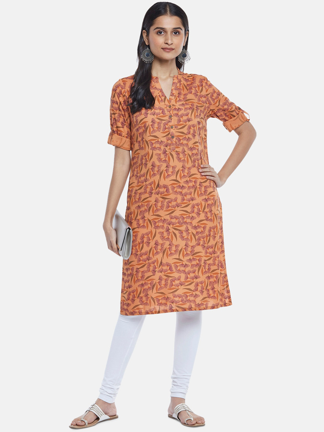 

RANGMANCH BY PANTALOONS Women Peach Floral Print Rolled Up Sleeves Kurta