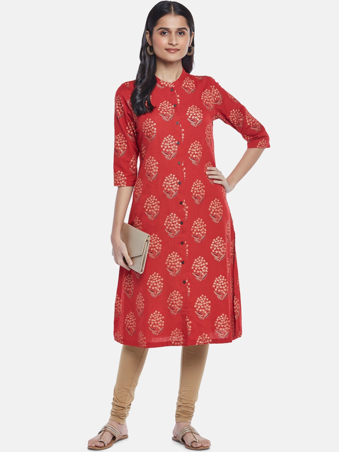 

RANGMANCH BY PANTALOONS Women Red And Gold Toned Floral Printed Cotton Kurta