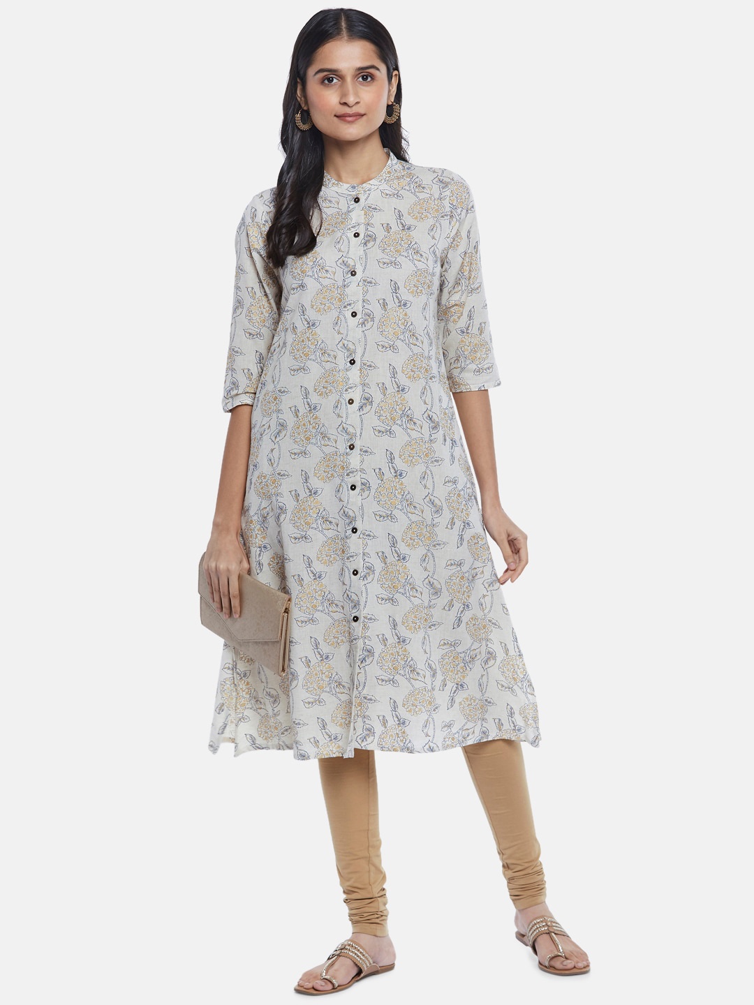 

RANGMANCH BY PANTALOONS Women Off White & Gold-Toned Floral Printed Cotton Anarkali Kurta