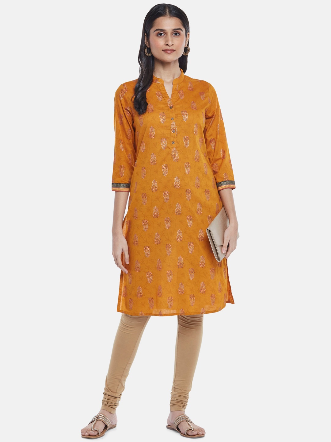 

RANGMANCH BY PANTALOONS Women Mustard Yellow Ethnic Motifs Printed Cotton Kurta