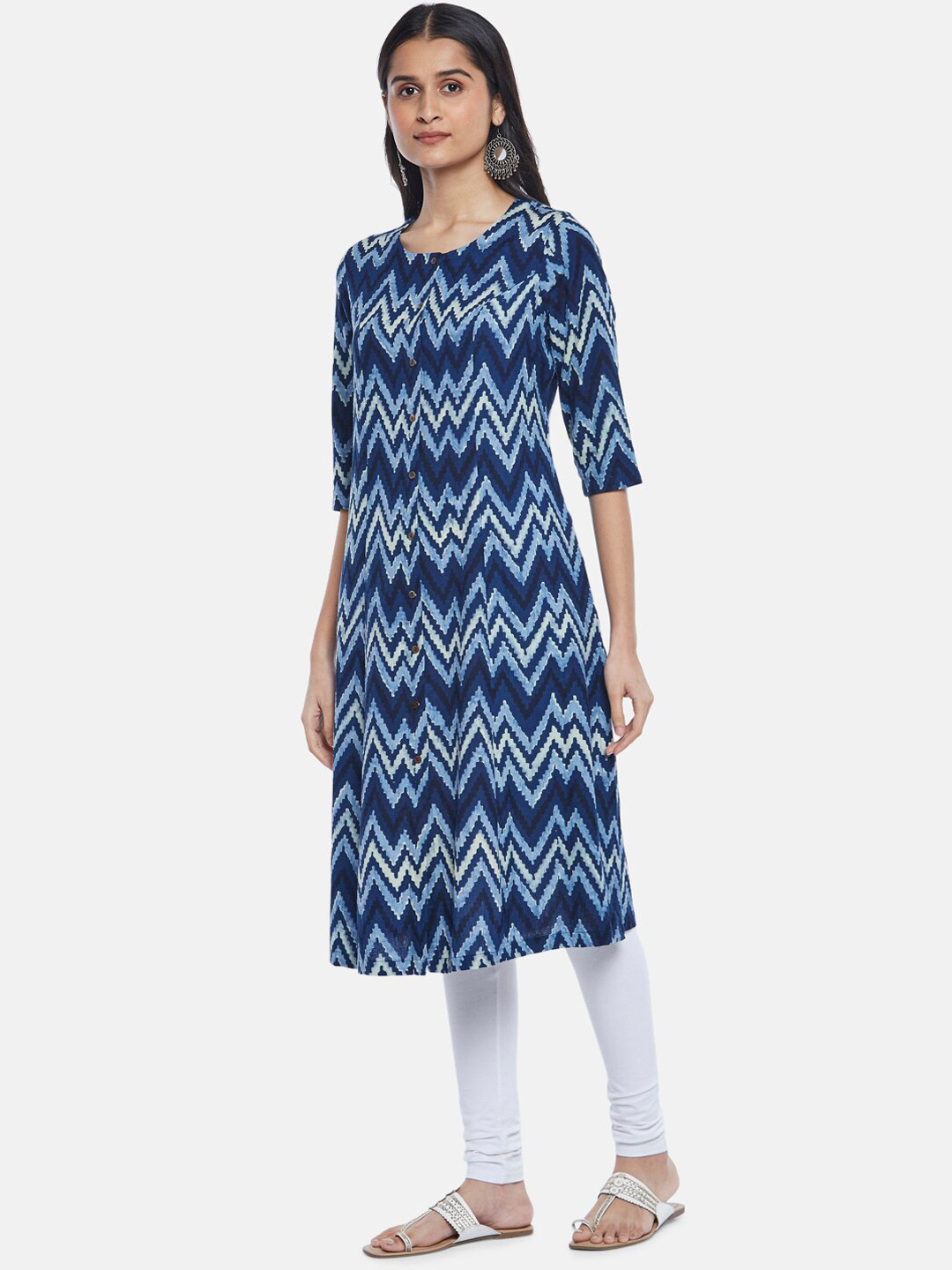 

RANGMANCH BY PANTALOONS Women Blue Chevron Dyed Zig Zag Cotton Kurta