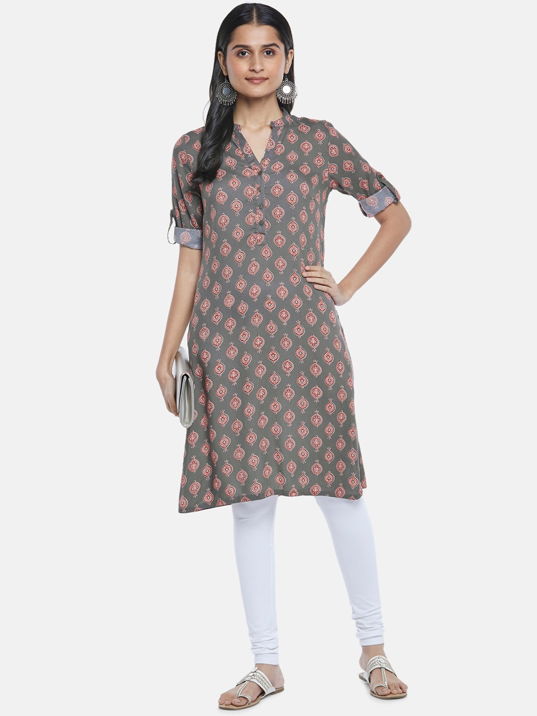 

RANGMANCH BY PANTALOONS Women Charcoal Ethnic Motifs Print Rolled Up Sleeves Kurta