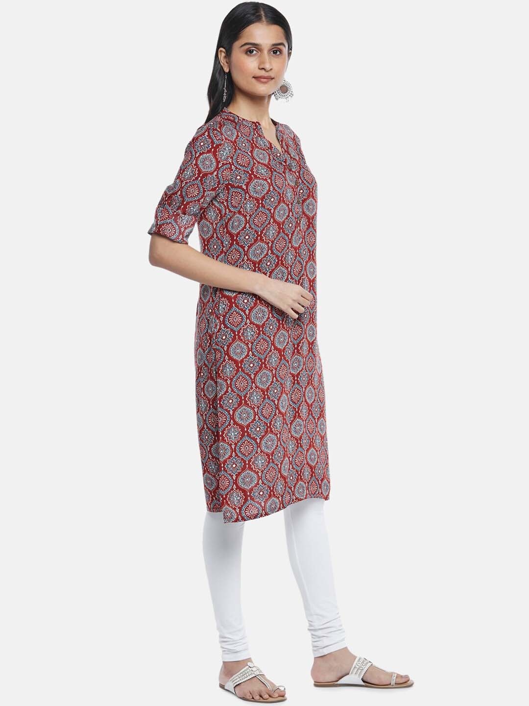 

RANGMANCH BY PANTALOONS Women Maroon Ethnic Motifs Printed Rolled Up Sleeves Kurta