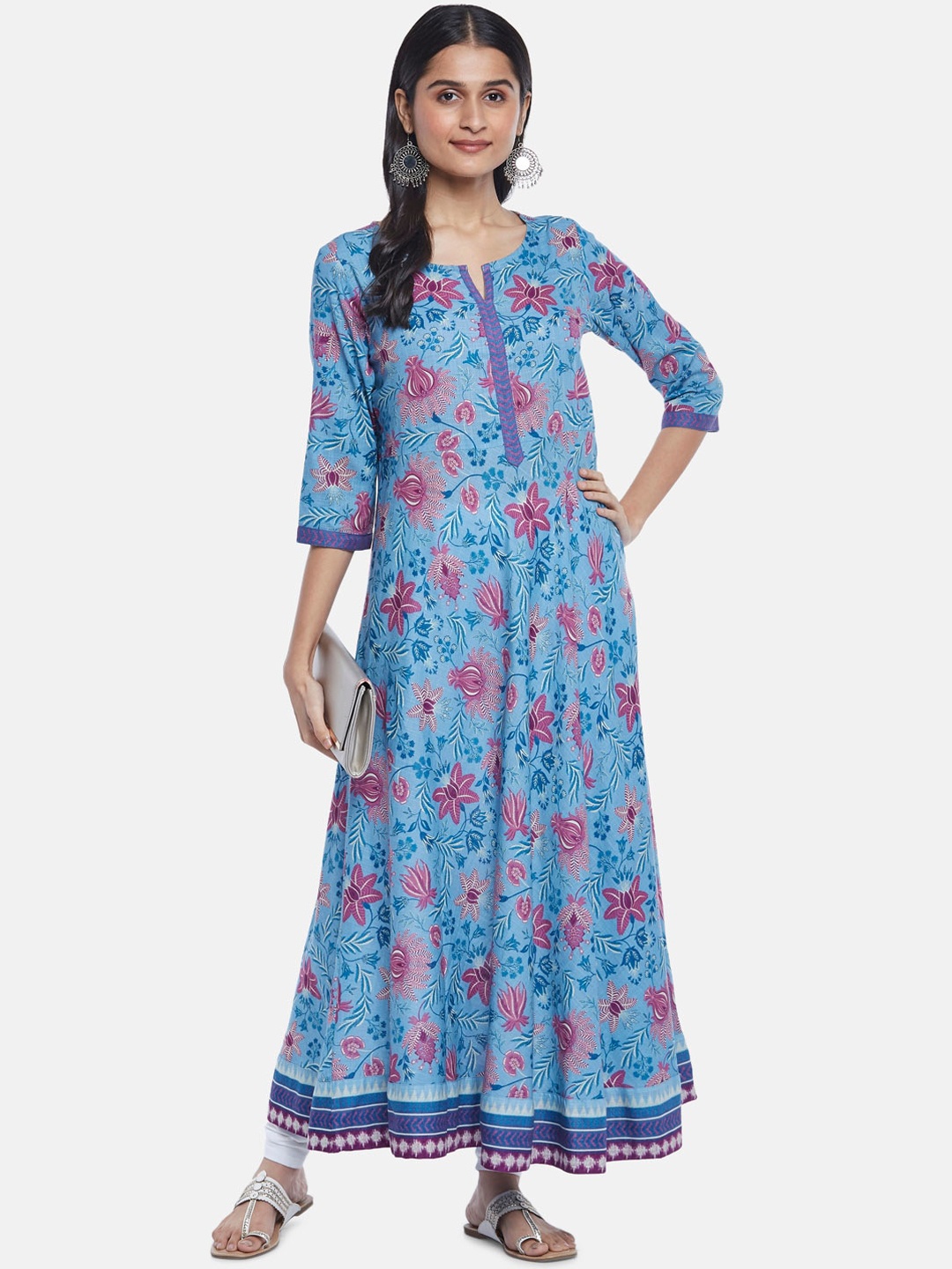 

RANGMANCH BY PANTALOONS Women Blue Floral Printed Anarkali Cotton Kurta