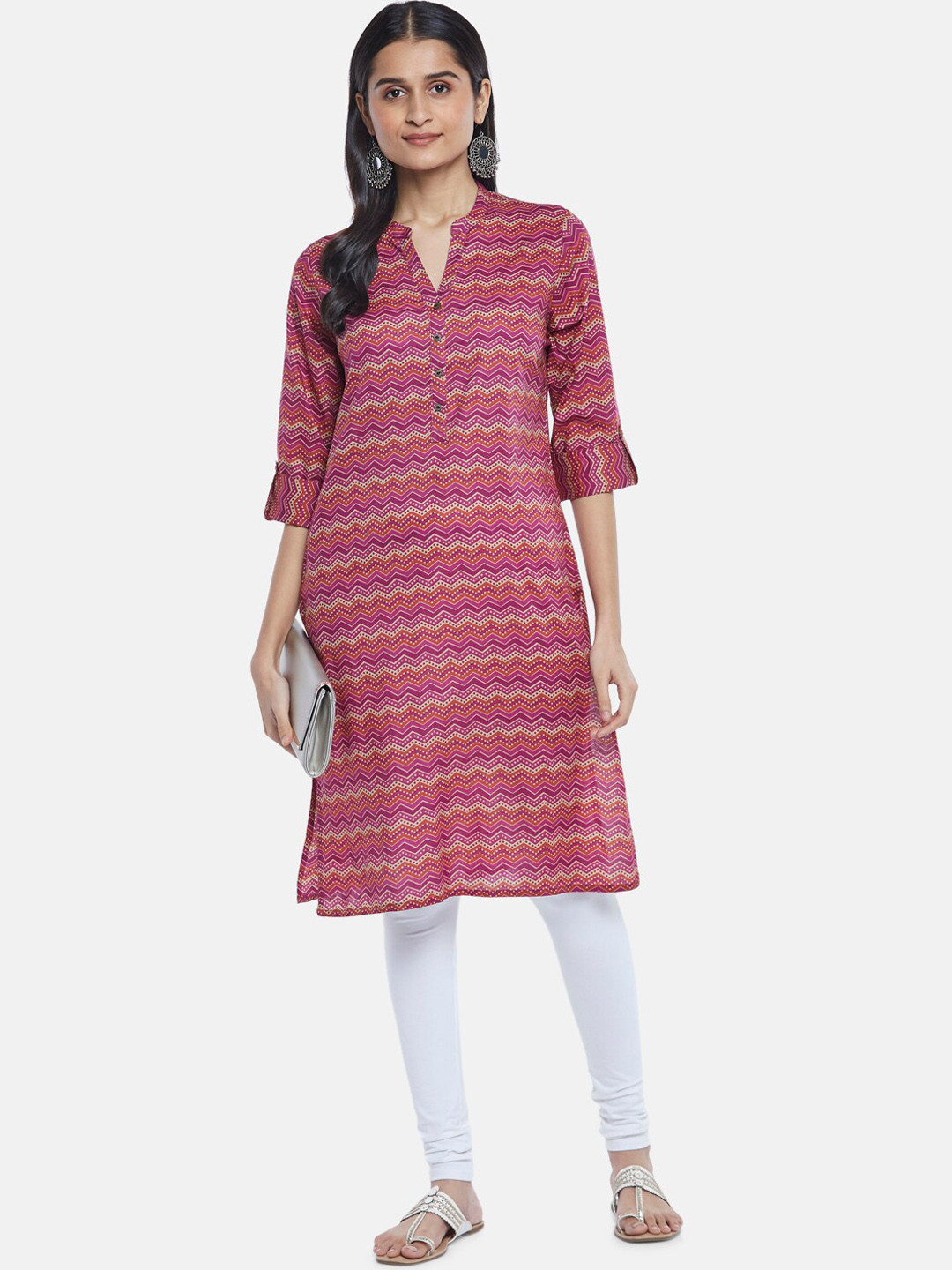 

RANGMANCH BY PANTALOONS Women Pink Geometric Striped Cotton Kurta