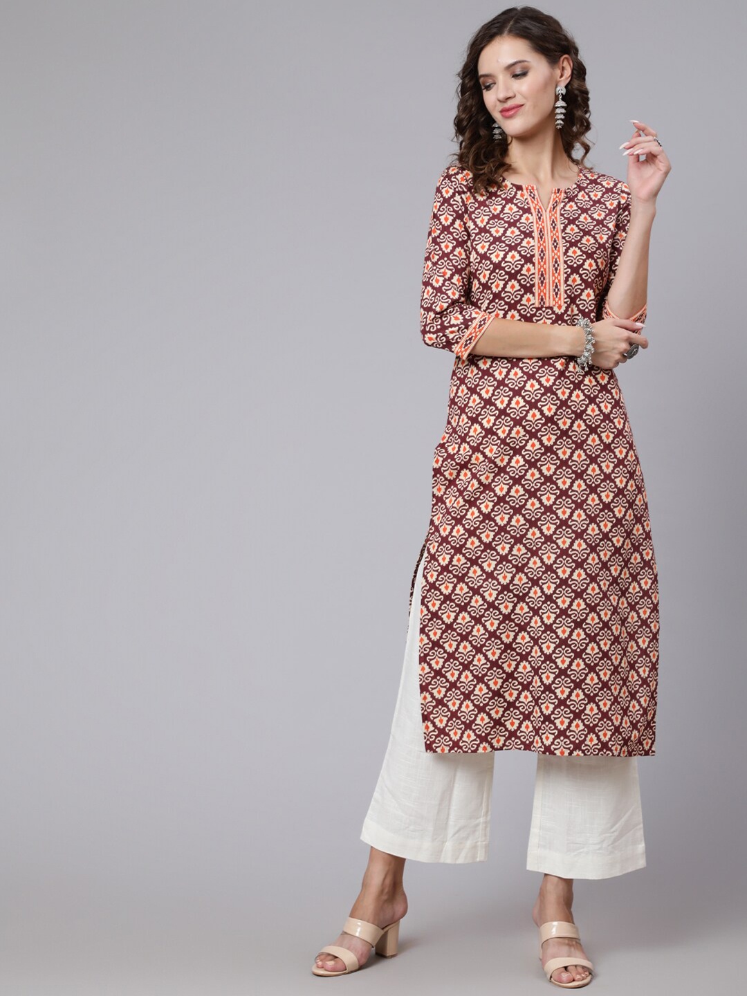 

AASI - HOUSE OF NAYO Women Burgundy Geometric Printed Pure Cotton Kurta