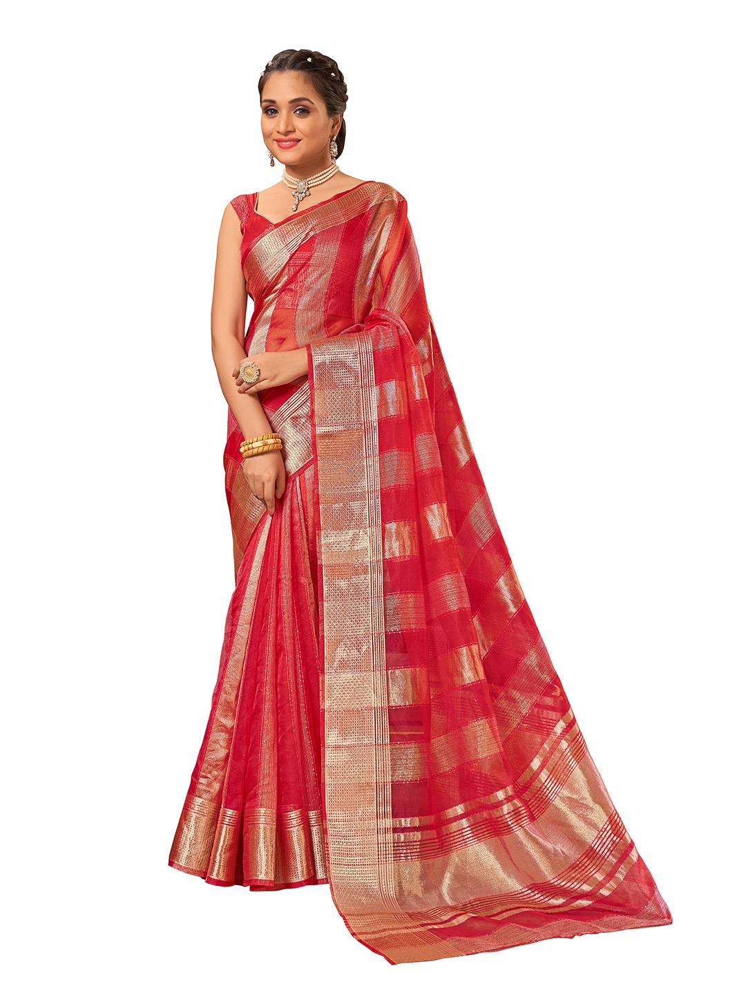

MANOHARI Red & Gold-Toned Woven Design Zari Saree