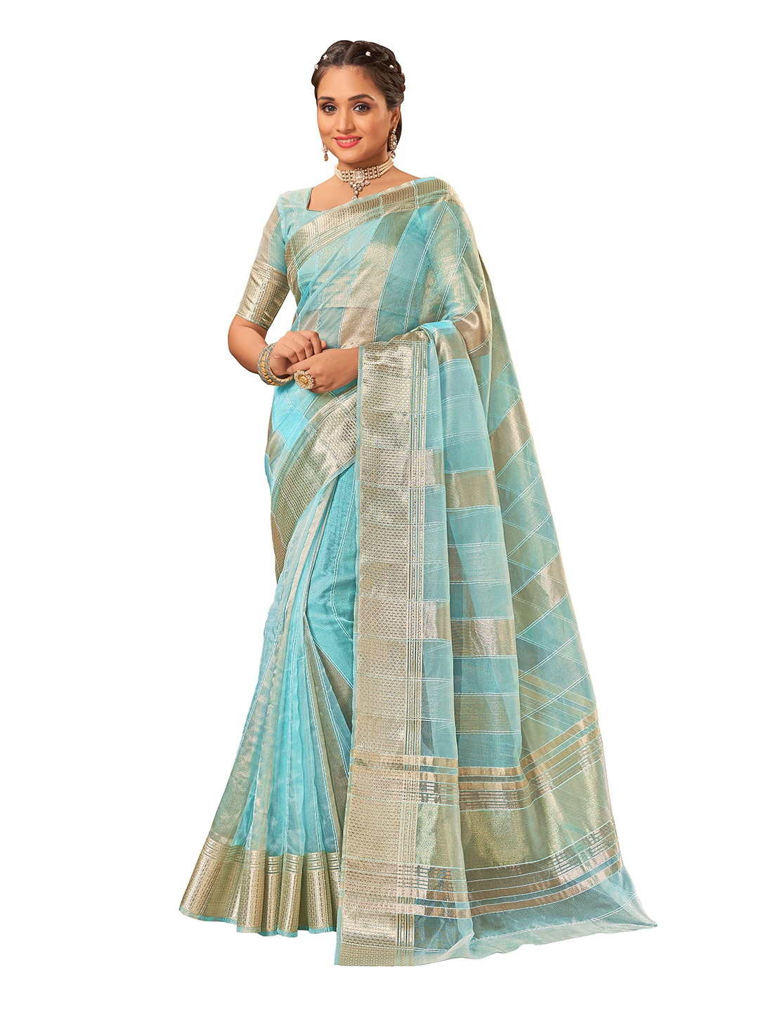 

MANOHARI Turquoise Blue & Gold-Toned Woven Design Zari Saree