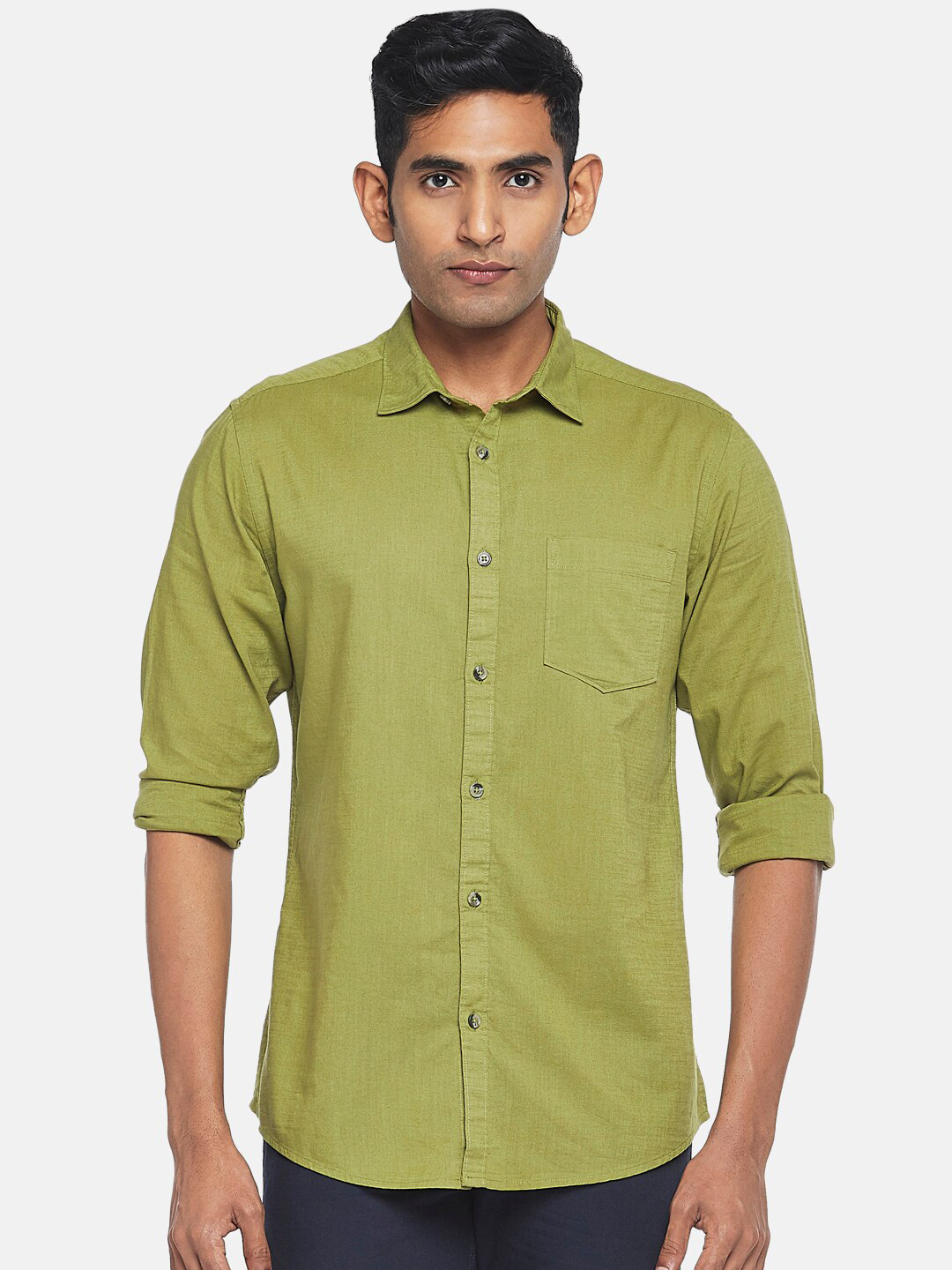 

BYFORD by Pantaloons Men Olive Green Slim Fit Casual Cotton Shirt