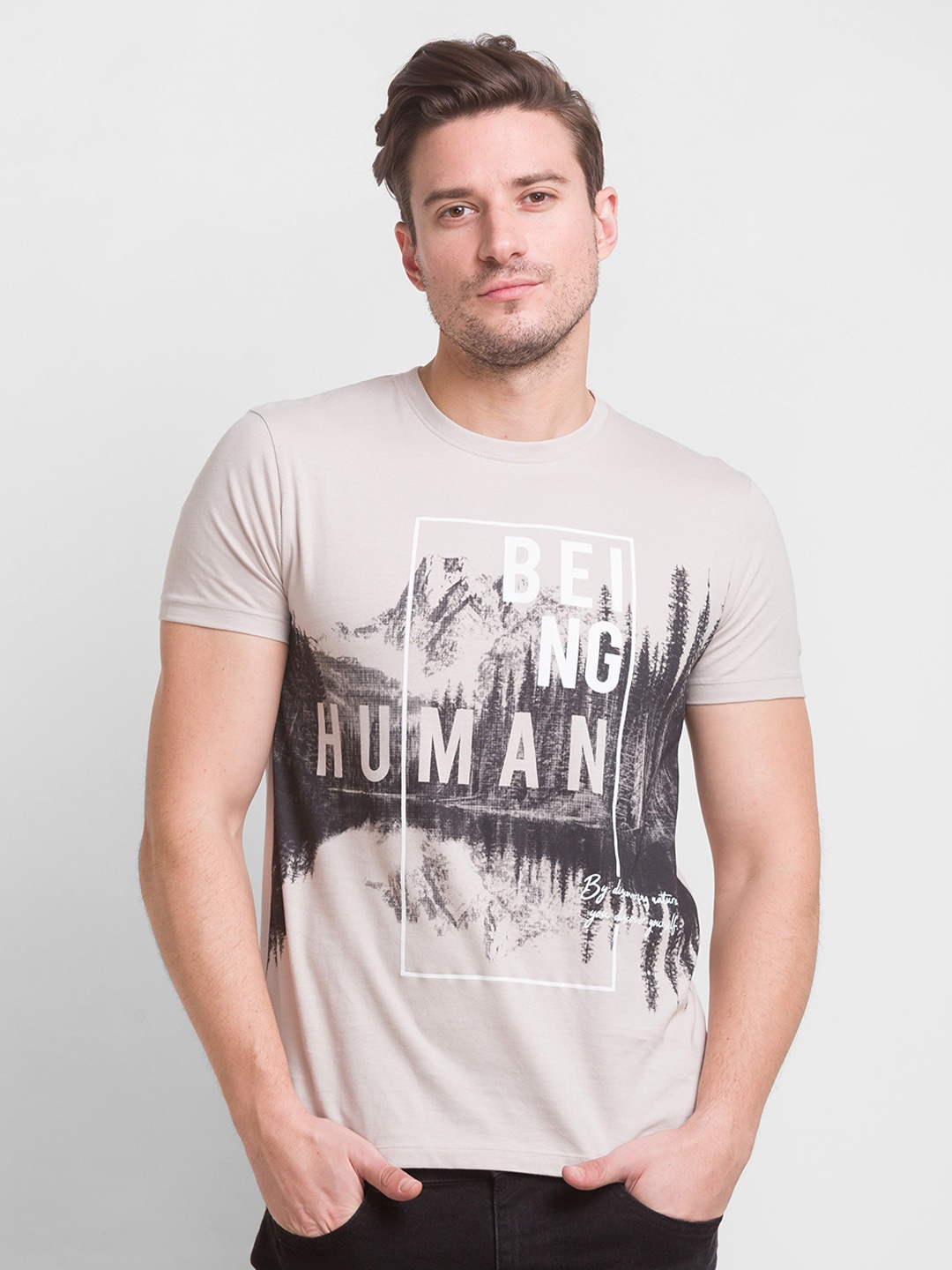 

Being Human Men Beige Printed Cotton T-shirt