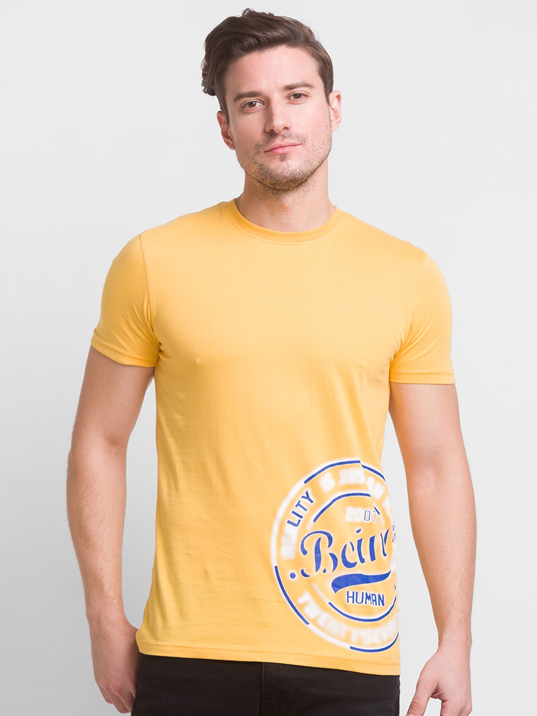 Being Human Men Yellow Typography Printed Cotton T-shirt