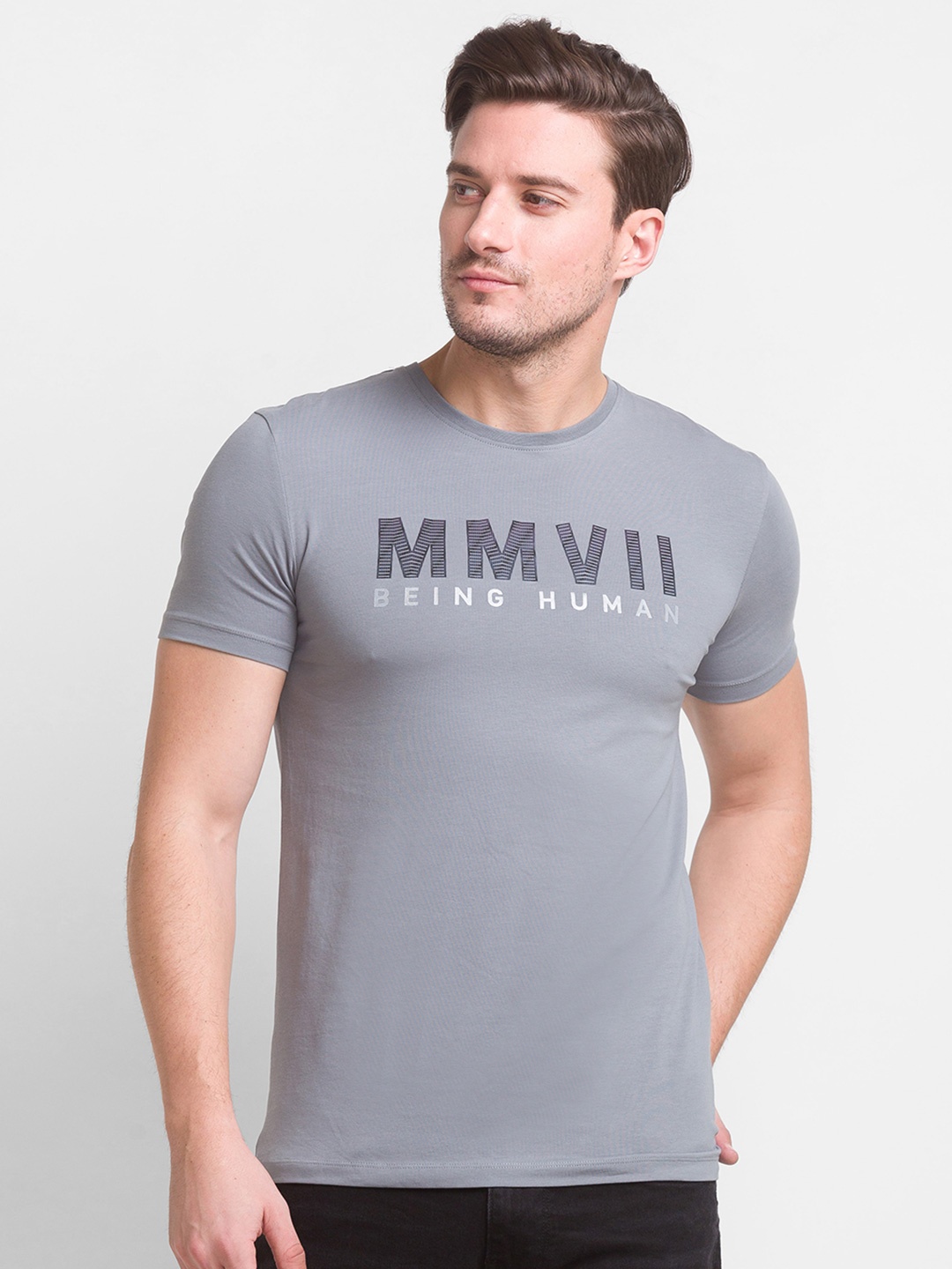 

Being Human Men Grey Typography Printed Cotton T-shirt