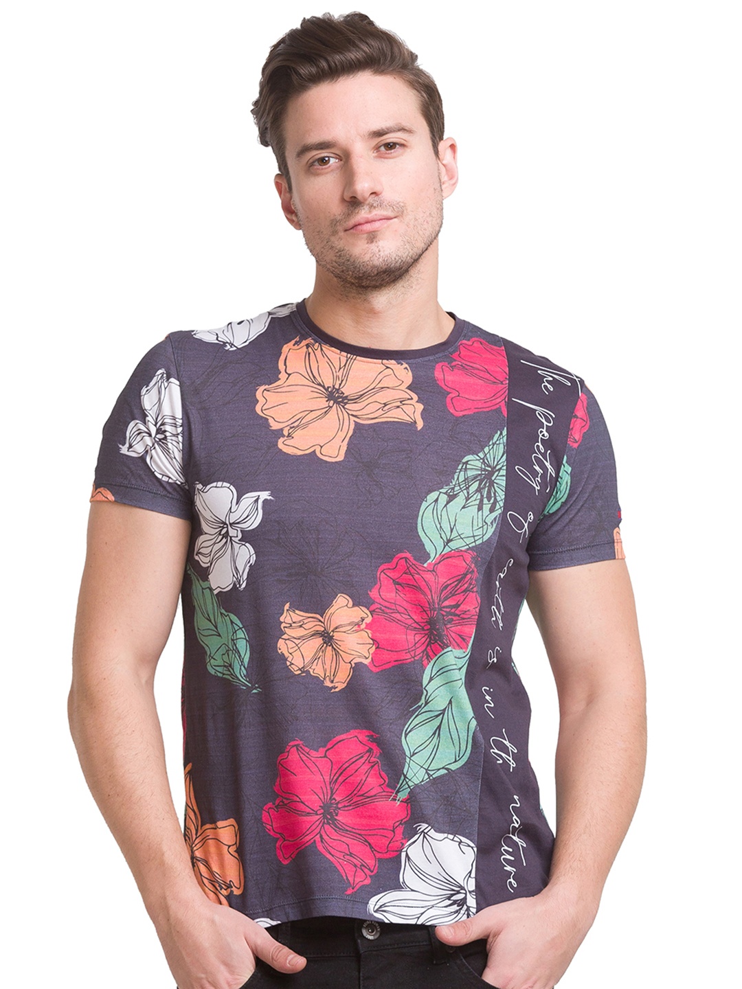 

Being Human Men Grey Floral Printed Cotton T-shirt