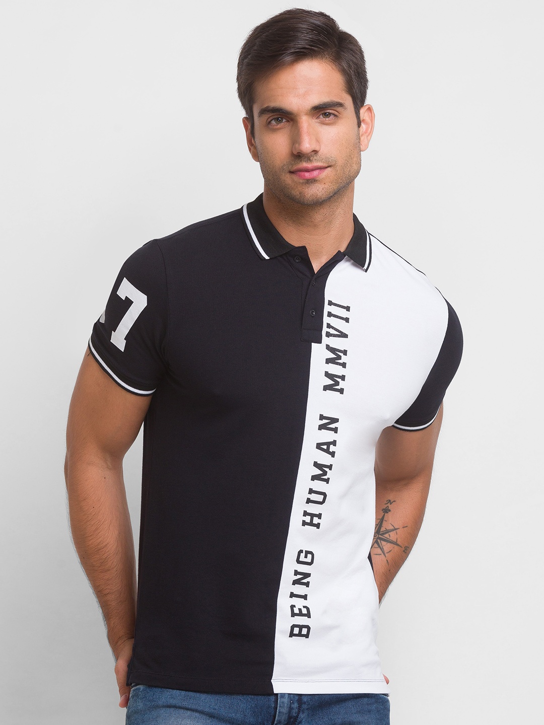 

Being Human Men Black & White Colourblocked Polo Collar Cotton T-shirt