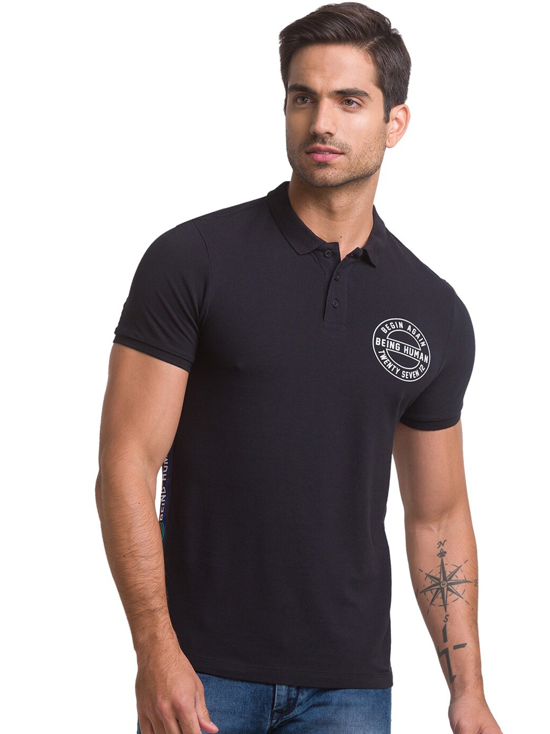 

Being Human Men Black Solid Polo Collar T-shirt