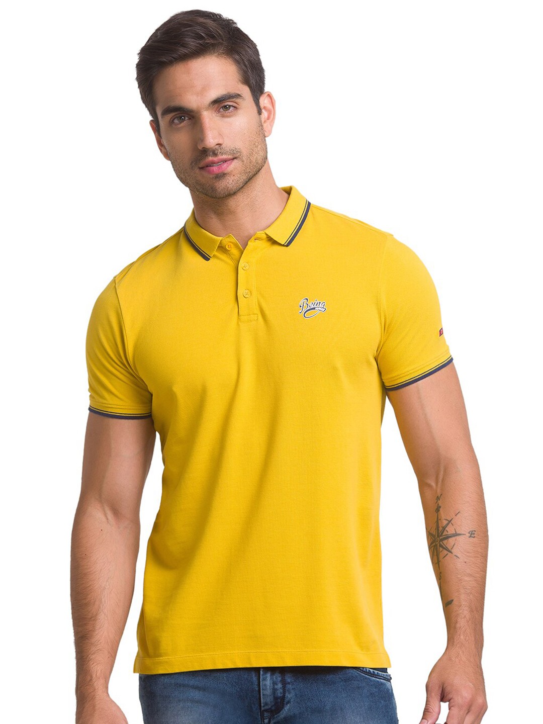 

Being Human Men Yellow Solid Polo Collar T-shirt