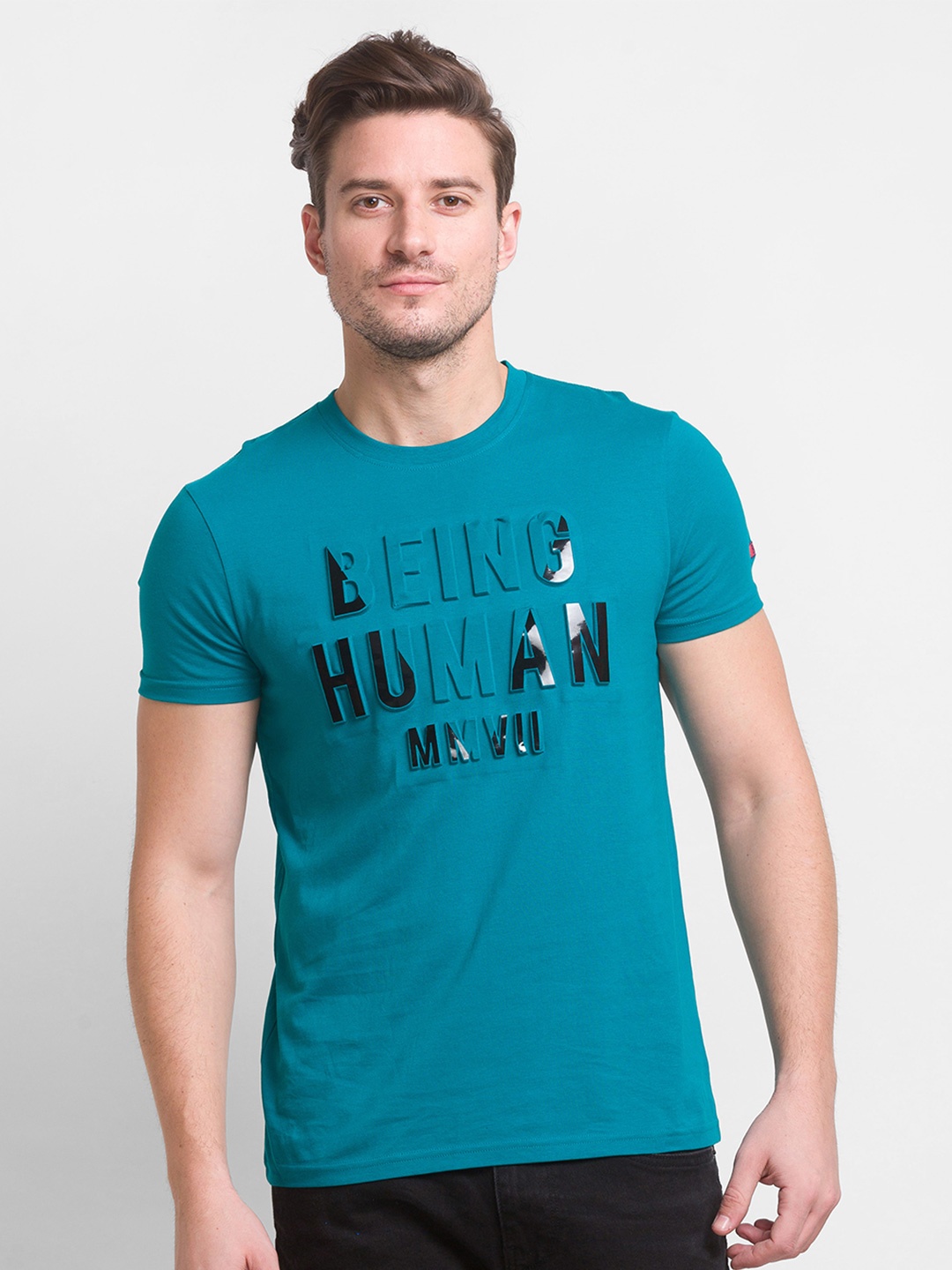 

Being Human Men Teal Typography Printed Cotton T-shirt
