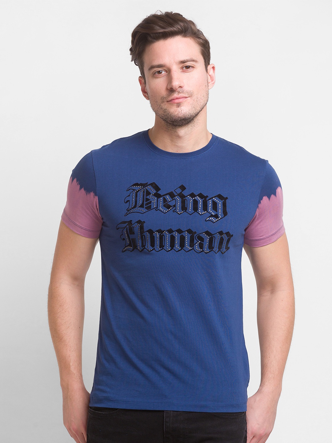 Being Human Men Navy Blue Typography Printed Cotton T-shirt