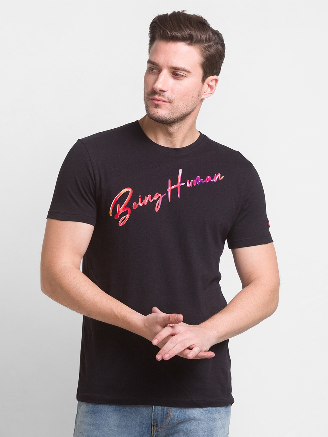 Being Human Men Black Typography Printed Cotton T-shirt