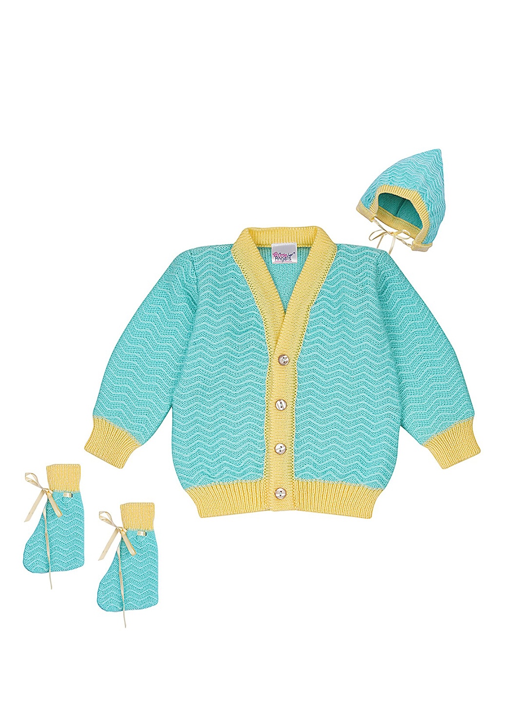 

Little Angels Boys Green & Yellow Cable Knit Cardigan With Cap and Socks