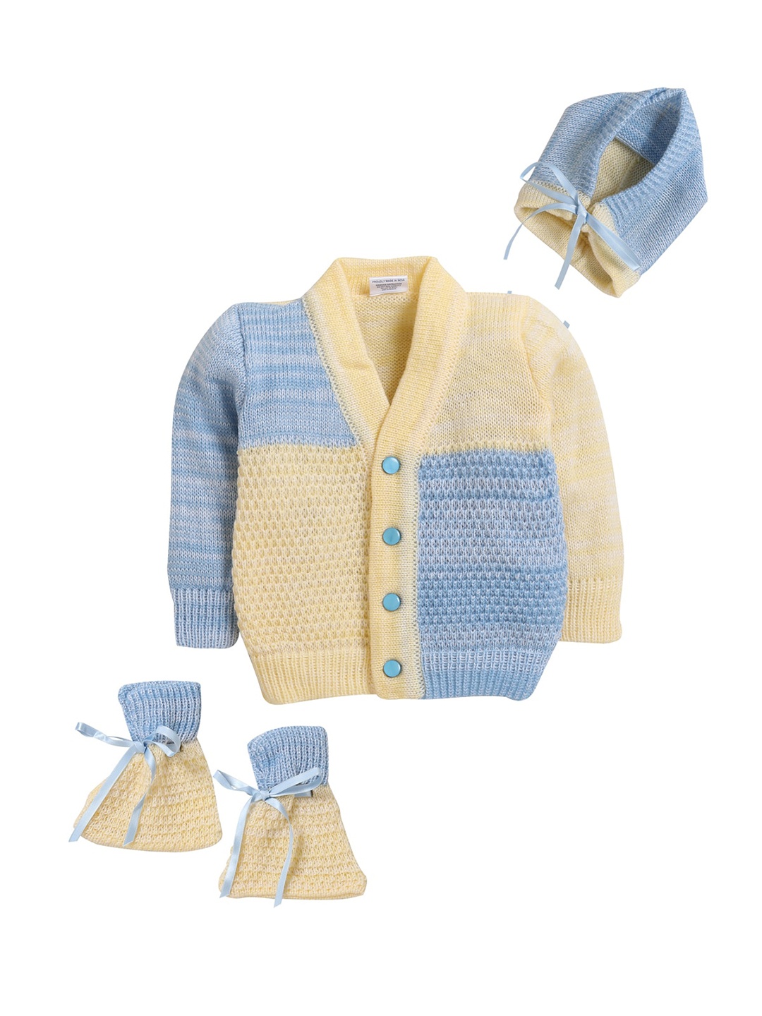 

Little Angels Boys Yellow & Blue Colourblocked Cardigan With Cap and Socks