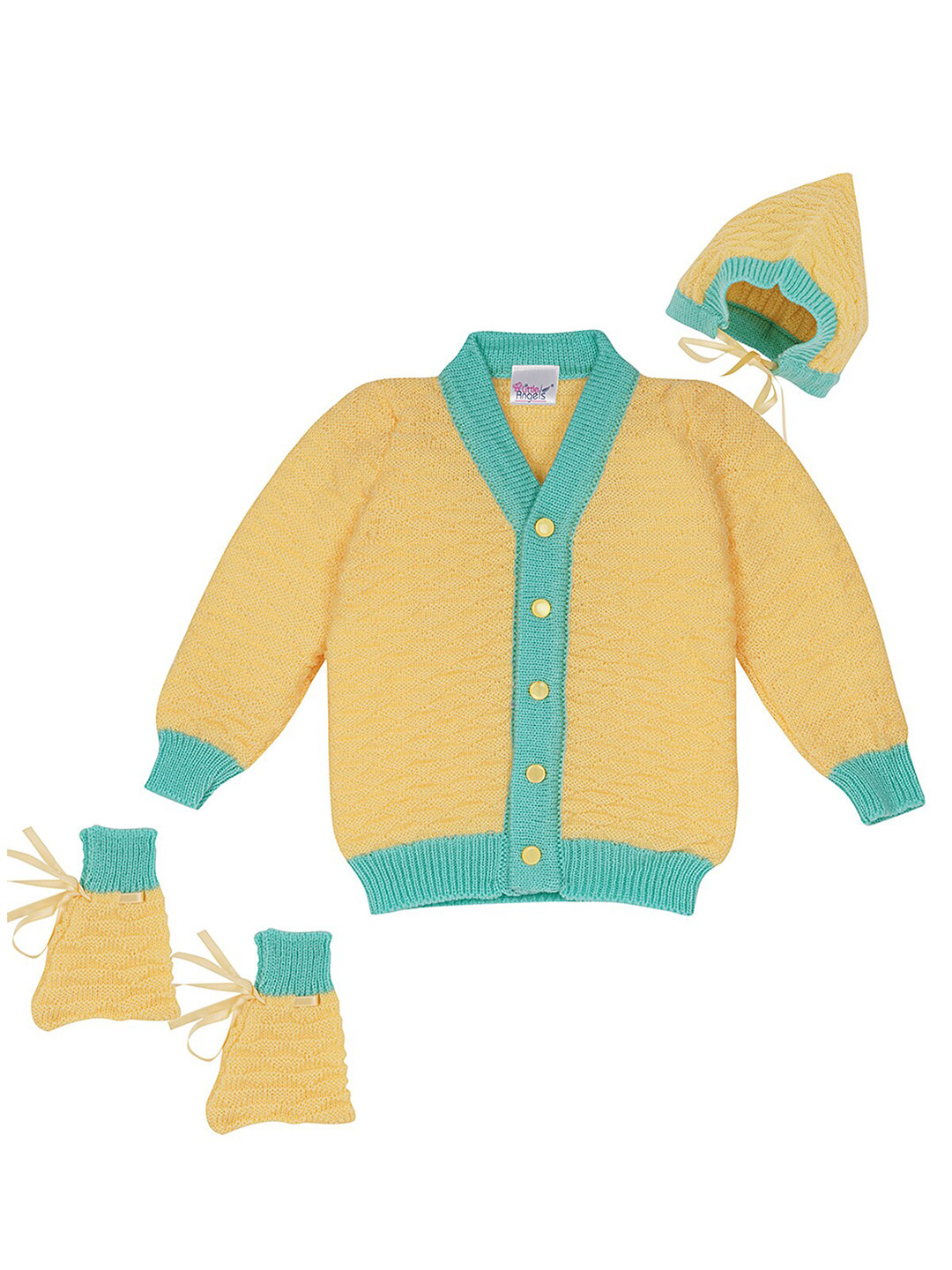 

Little Angels Boys Yellow & Blue Cardigan With Cap and Socks