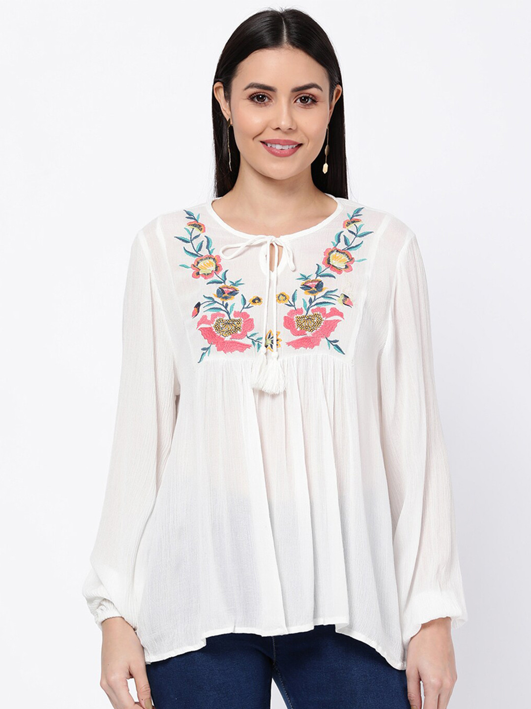 

R&B White & Peach-Coloured Floral Embroidered Tie-Up Neck Top