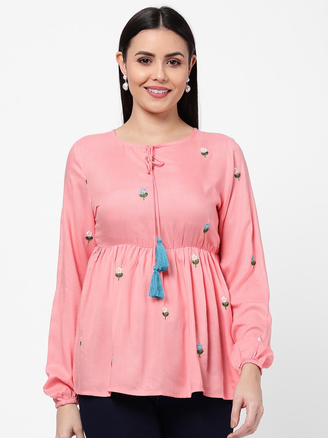 

R&B Pink & Blue Floral Embroidered Tie-Up Neck Cinched Waist Top