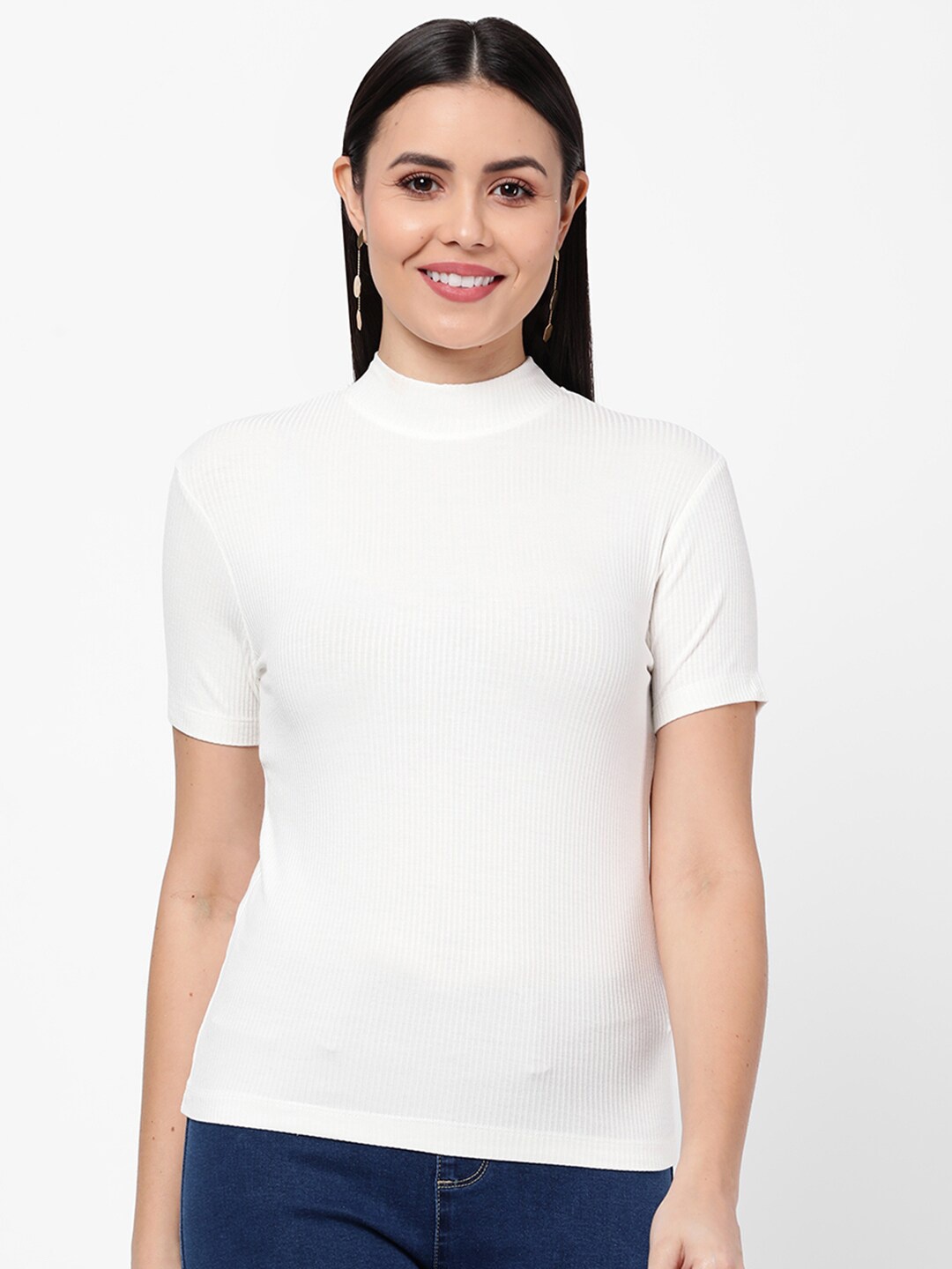 

R&B Women White Solid High Neck Regular Sleeves Top