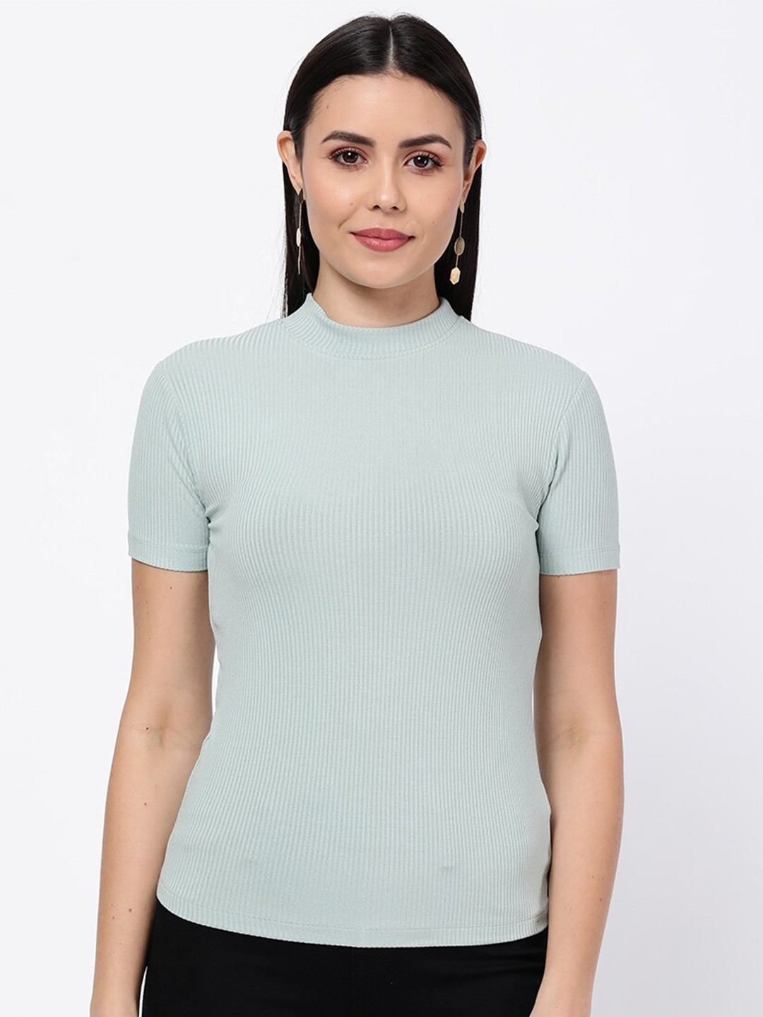 

R&B Women Green Solid High Neck Regular Sleeves Top