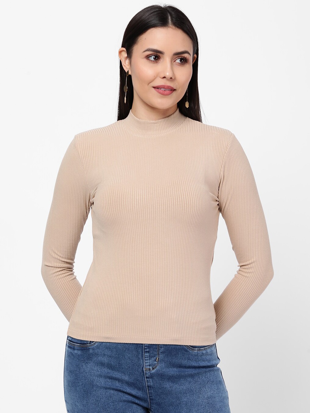 

R&B Women Beige Solid High Neck Long Sleeves Top