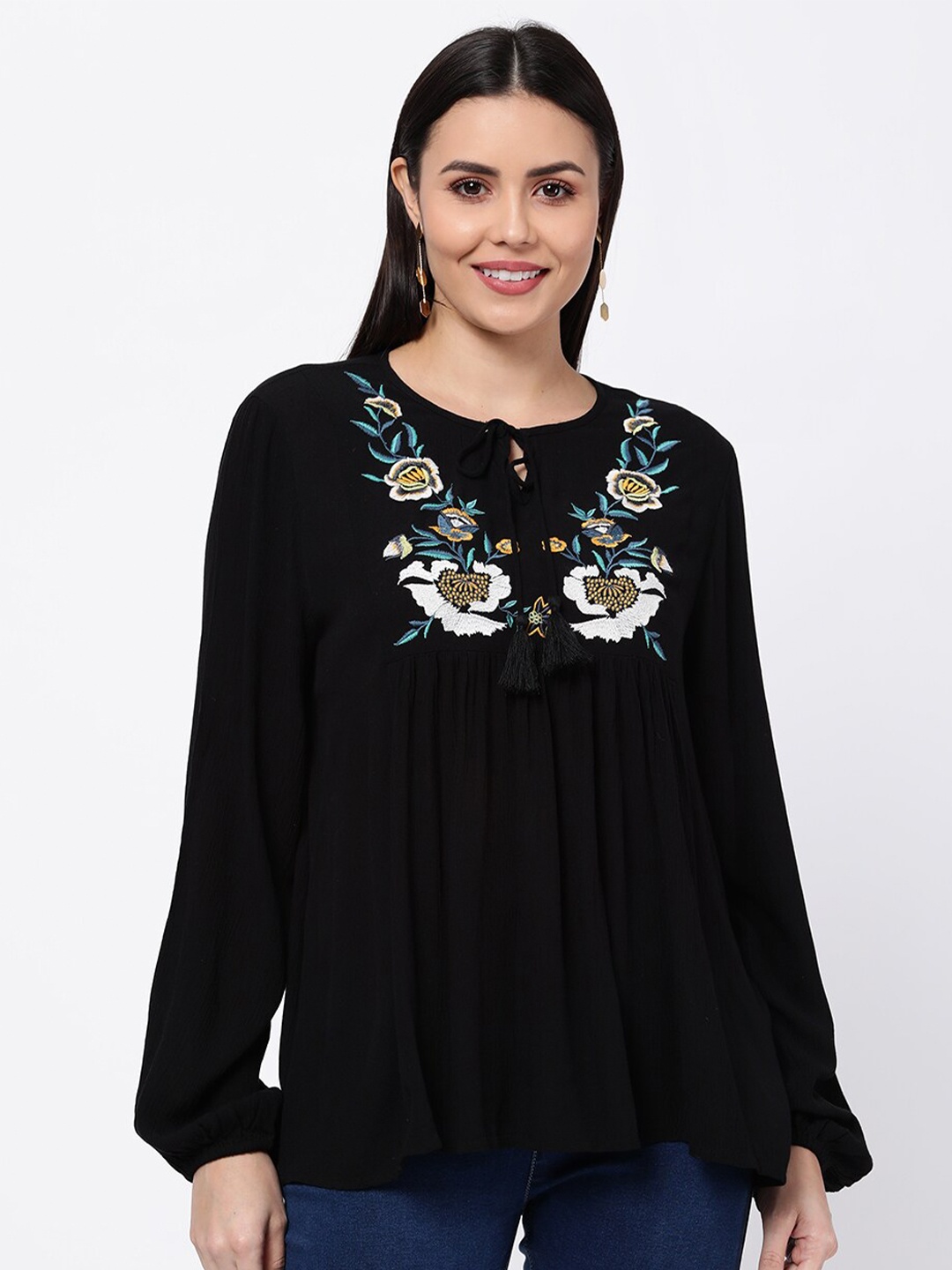 

R&B Black & Green Floral Embroidered Tie-Up Neck Top