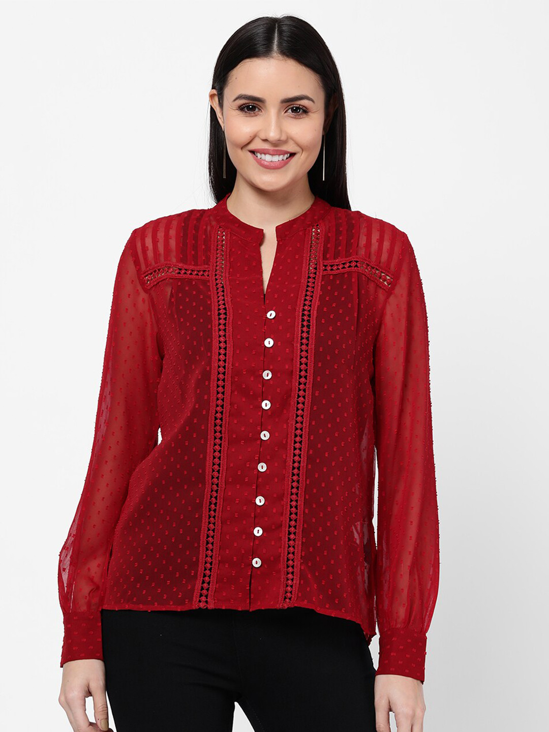 

R&B Women Burgundy Self Design Mandarin Collar Top