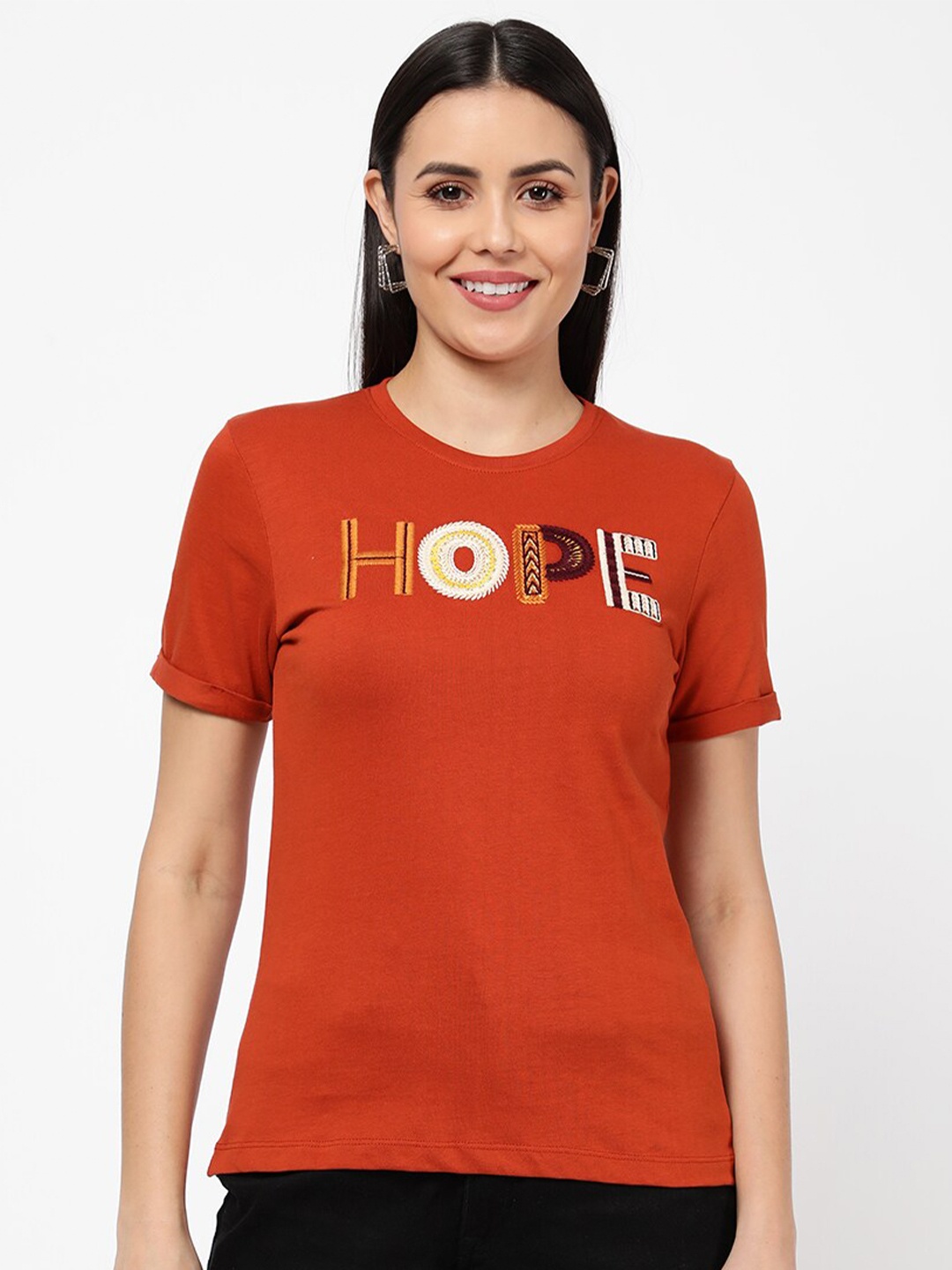 

R&B Typography Printed Round Neck Pure Cotton Top, Brown