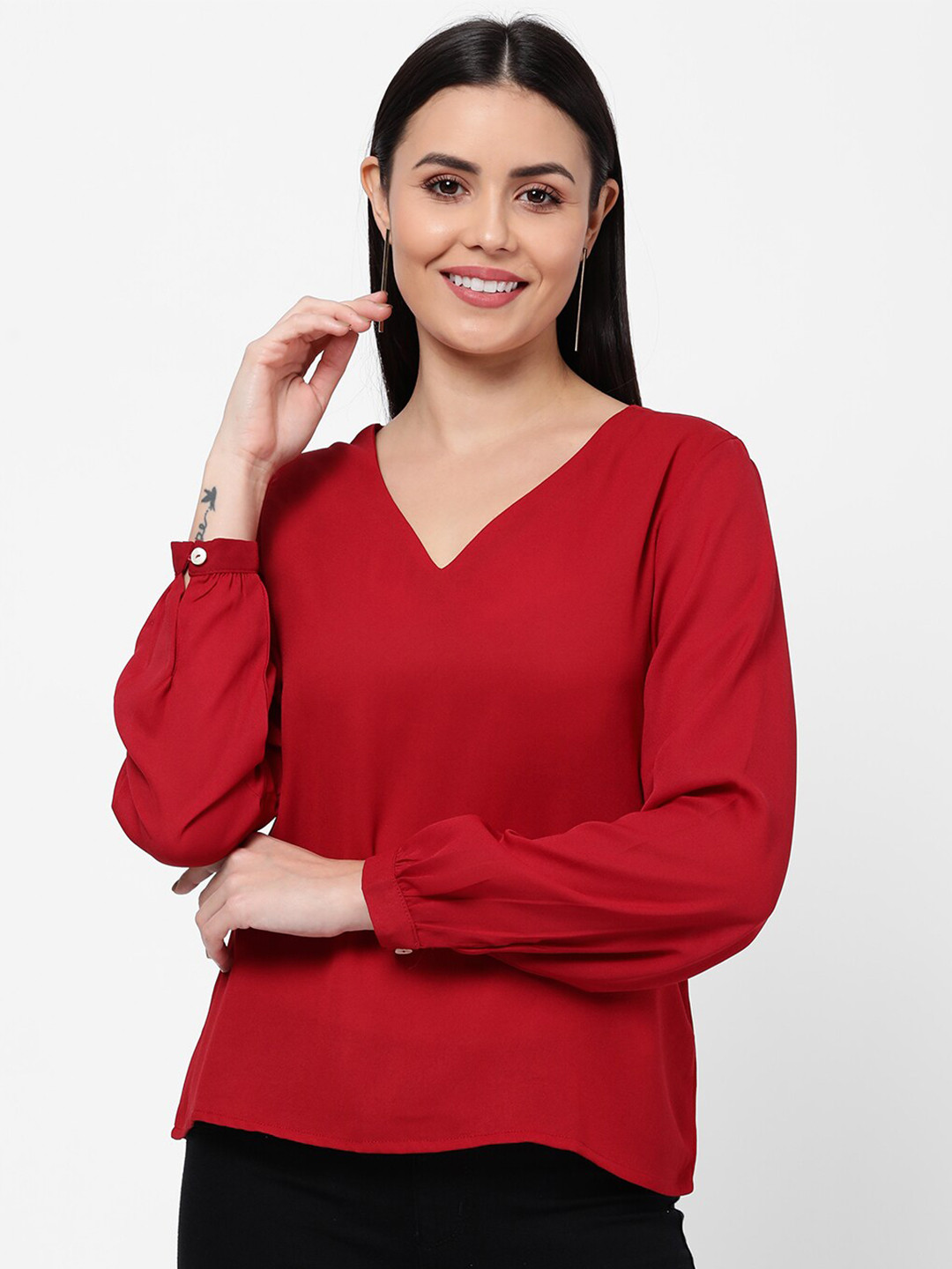 

R&B Women Red Solid V-Neck Cuffed Sleeves Top